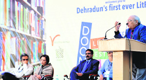 Dignitaries at the Doon Lit Festival in Dehradun on Friday . 