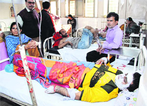 The victims who sustained burns at the Civil Hospital in Jalandhar on Friday.