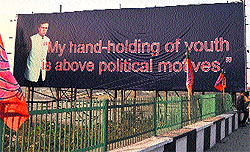 The hoarding of Chief Minister Omar Abdullah near the Tawi bridge in Jammu