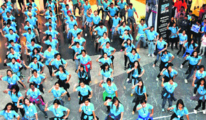 Students of DAV College, Sector 10, present a flash mob at Elante mall in Chandigarh on Saturday.