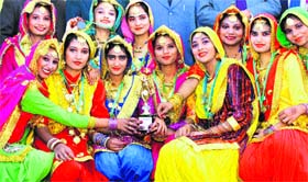 Girls with the prize they won at the closing ceremony of the state-level co-curricular academic competitions at the LPU, near Jalandhar