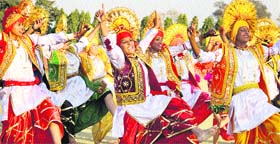 Students perform bhangra during the closing ceremony of the inter-command sports meet Udaan at the PAP Stadium in Jalandhar on Saturday