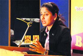 Chandigarh-based advocate Tanu Bedi addresses a seminar in Jalandhar on Saturday