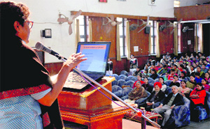 Scientist Dr Suman Sahai addresses delegates at Government College for Girls in Ludhiana on Saturday. 