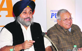 Deputy CM Sukhbir Badal and Industry Minister Madan Mohan Mittal in Chandigarh on Saturday.