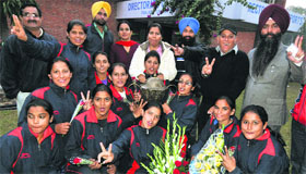 Members of the Panjab University womens kabaddi team in a jubilant mood in Chandigarh on Sunday.