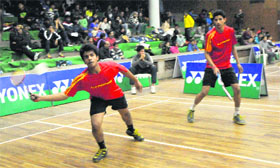 Players in action during the Junior National Badminton Championship at Panjab University in Chandigarh on Sunday.