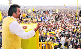 HJC Chief Kuldeep Bishnoi addresses a gathering during Haryana Vikas Rally in Hisar on Sunday. 