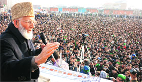 Hurriyat Conference chairman Syed Ali Geelani addresses a rally in Kulgam on Sunday.