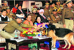 BSF Director General Subhash Joshi with Lok Sabha Speaker Meira Kumar during the 49th Raising Day ceremony in New Delhi on Sunday