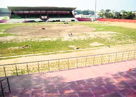 Workers spruce up the Guru Nanak Stadium ahead of World Cup Kabaddi matches in Amritsar on Monday