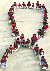 Students of DAV school at Tiara make a Red Ribbon on Monday
