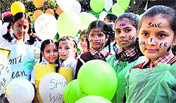 Students participate in an awareness rally Save Earth, Save Water, Say no to plastic