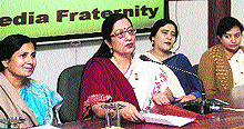 Dr Atima Sharma, Principal of KMV College, addresses mediapersons regarding INSPIRE Programme in Jalandhar on Monday