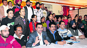 Social activist Ramesh Bangar and parents of the protesting students in Ludhiana on Monday