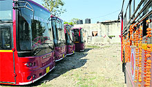 The newly purchased low-floor buses parked at the MC workshop on Hambran Road