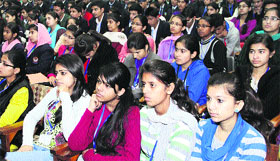 Students participate in a camp at KMC College, Jalandhar, on Tuesday.