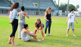 Players of Denmark practice at Guru Nanak Stadium in Ludhiana.