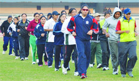 Members of the Pakistani women kabaddi team during a practice session at Guru Nanak Stadium in Ludhiana on Tuesday.