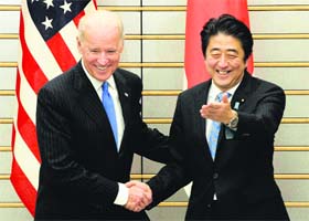US Vice-President Joe Biden with Japanese Prime Minister Shinzo Abe at his official residence in Tokyo on Tuesday