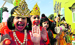 Students in a jubilant mood during a fancy dress competition at CRB School, Sector 7, in Chandigarh on Wednesday