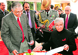 Dr KK Paul, Governor, Meghalaya (sitting), and Arun Grover, Vice-Chancellor, PU, at the Panjab University Law Auditorium in Chandigarh on Wednesday