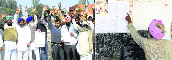 Farmers hold a protest in Patiala on Wednesday; and (R) a farmer reads a land acquisition notice at Jasowal village.