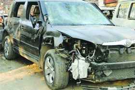The car which rammed into a motorcycle at Nihal Vihar in New Delhi. 