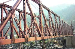 A view of the under-construction bridge over Chenab river. A Tribune photograph