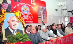 National Conference leaders attend a function to mark the 108th birth anniversary of party founder Sheikh Mohammed Abdullah in Jammu on Thursday. Tribune photo: Inderjeet Singh