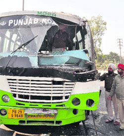 A Punjab Roadways bus that collided with a private bus near Dholewal Chowk in Ludhiana. 