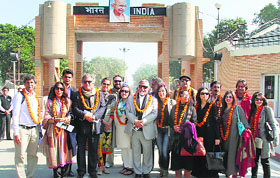 Pakistani artistes arrive at Wagah on Thursday.