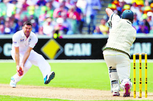 James Anderson manages to pull off a difficult catch off Shane Watson on Thursday
