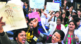 Students of Shri Dhanwantry Ayurvedic College and Hospital, Sector 46, hold a protest on Friday.