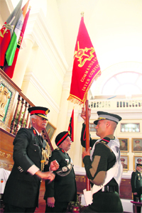 The Nubra company of the ACC gets the Commandant banner from the Commandant, IMA, Lt-Gen Manvendra Singh, in Dehradun on Friday. 