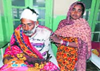 Baga Ram, who was beaten up by miscreants last night, is under treatment at the Civil Hospital, Paonta Sahib. A Tribune photograph