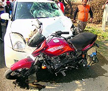 The mangled remains of the motorcycle that the victims were riding on the Bathinda-Malout road on Saturday