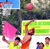 A match of the St Xaviers Basketball Trophy in progress at Sector 44, Chandigarh, on Saturday