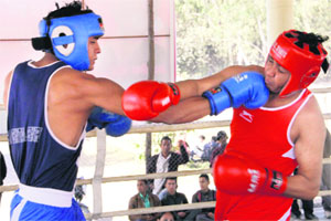 A bout in progress in the HNB Garhwal University Inter-College Boxing Championship in Dehradun on Sunday