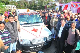 An AC ambulance being handed over to Rotary Club members at Abdullahpur in Kangra on Sunday
