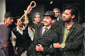 Artistes perform at Natrang studio theatre in Jammu on Sunday