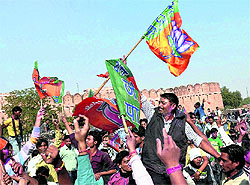 BJP supporters celebrate the partys win in Bikaner on Sunday