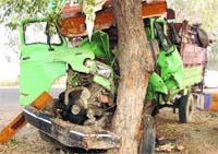 The Ill-fated canter that rammed into a tree killing three persons and injuring four others at Bajekan in Sirsa. A Tribune photograph. 