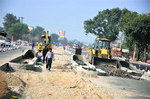 The construction work of a new toll plaza in progress near Saroor on the outskirts of Jammu.
