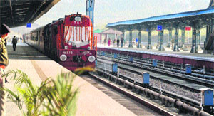 A trial run being conducted on the Katra-Udhampur rail route on Monday.