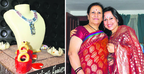 A wedding cake (L); and Ambika Sharma (R) with her mother.