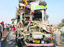 The mangled ramains of a truck that collided with another truck near Vallah in Amritsar on Wednesday.