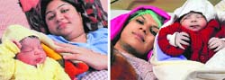 Pooja Thakur and Geetika Goyal with their newborns in Chandigarh on Wednesday. Tribune photos: manoj Mahajan 