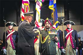 Army Chief General Bikram Singh receives the Legion of Merit from his US counterpart General Raymond Odierno in Washington