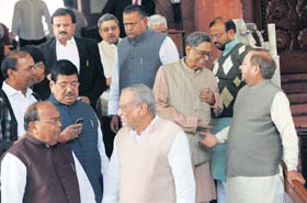 JD-U president Sharad Yadav and other MPs at Parliament House in New Delhi on Wednesday